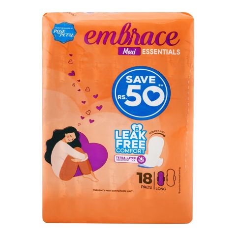 Embrace Essentials Maxi Long Pads, 18-Pack, Save Rs. 50/-