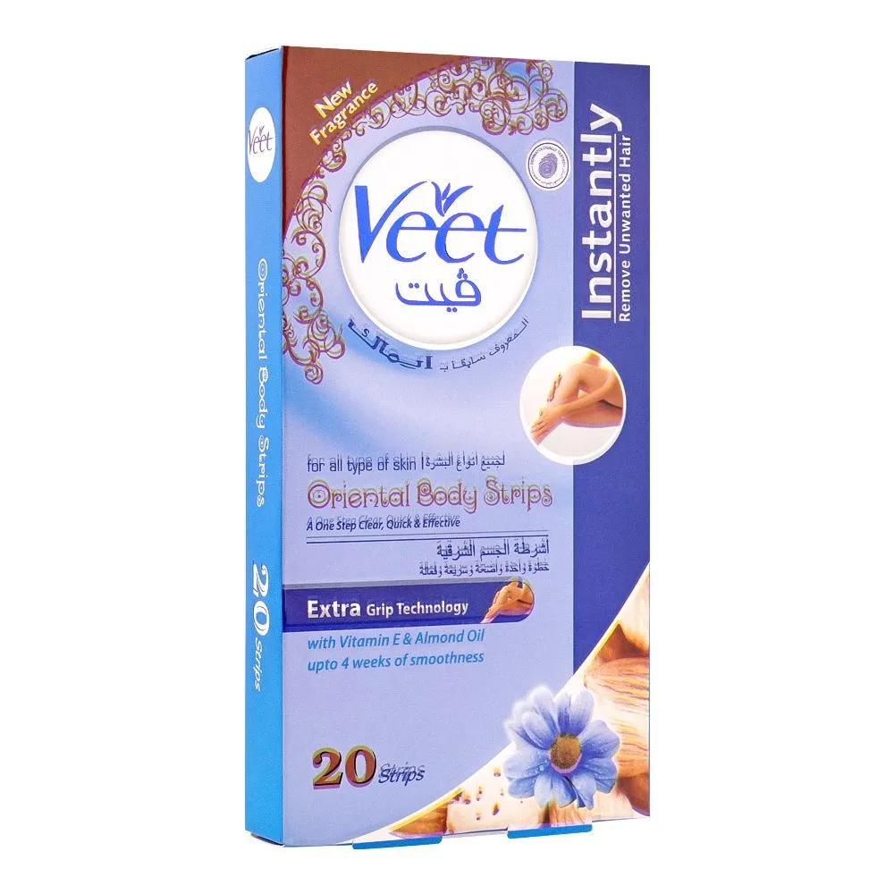Veet Oriental Vitamin E & Almond Oil Body Strips Extra Grip Technology Up to 4 Weeks of Smoothness 20 Pieces